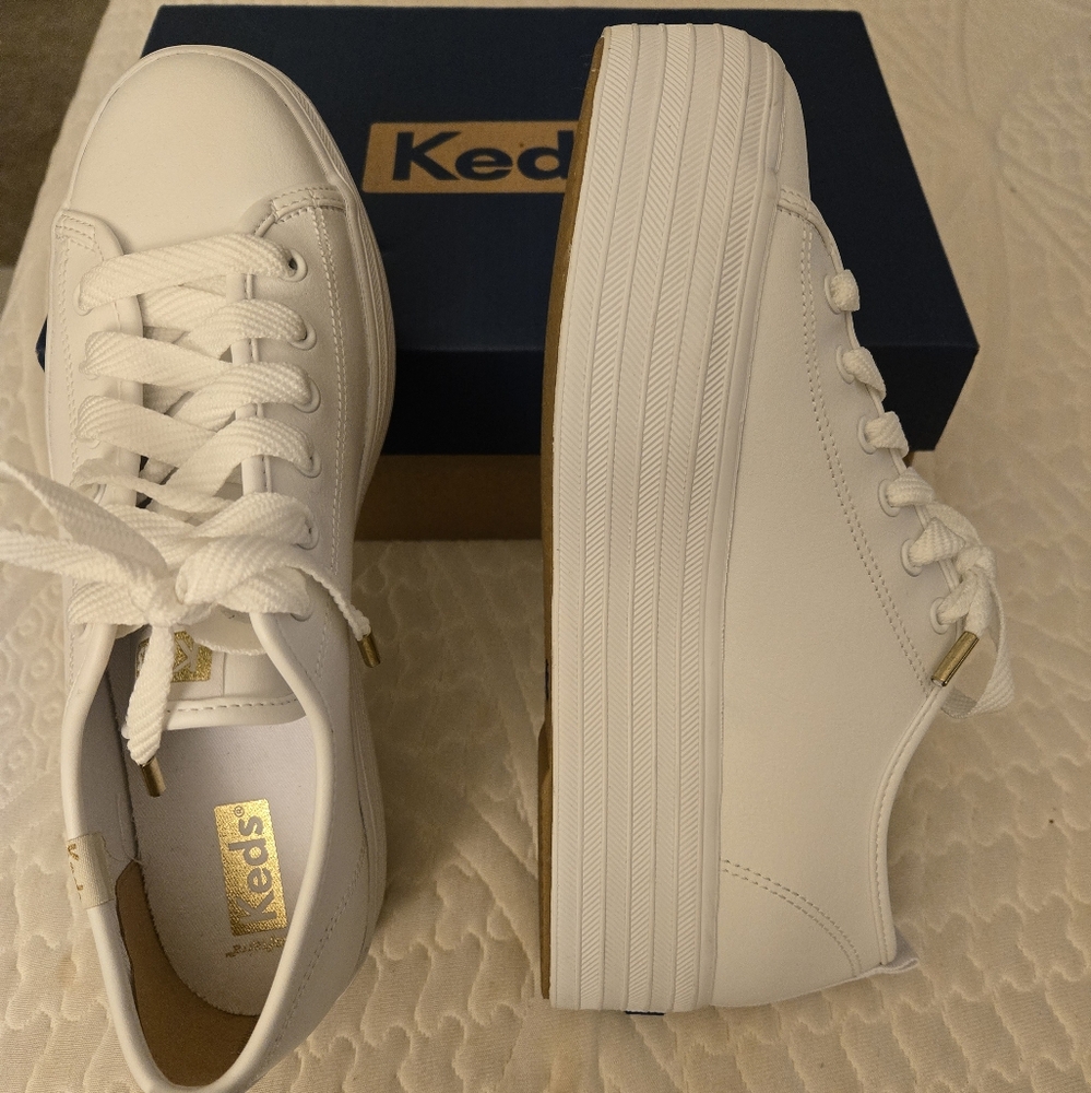 Keds Women's White Triple UP Platform Sneakers with Gold Accents